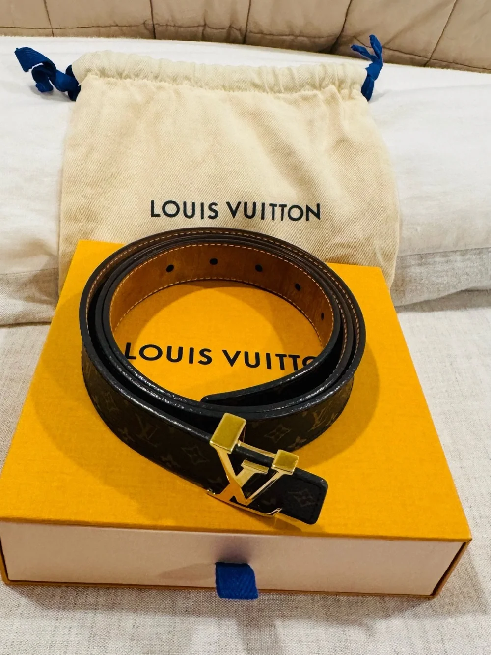 Louis Vuitton Women’s Brown Monogram Leather Belt with Gold LV Buckle